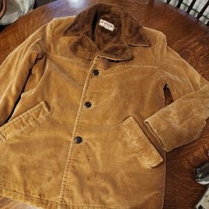 McGregor Faux Fur Lined Tan Corduroy Coat Size 42 Vintage Stained Patina Rustic